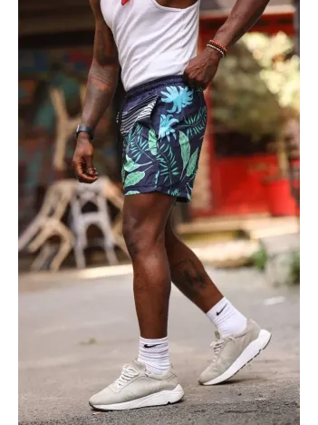 Erkek Palmiye Desenli Deniz Cepli Şort - Mavi Erkek Palmiye Desenli Deniz Cepli Şort - Mavi