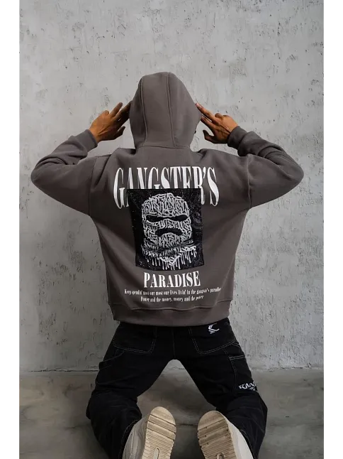Erkek Paradise Baskılı Kapüşonlu Sweat - Gri