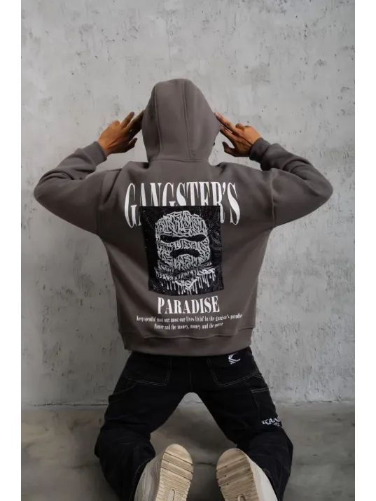 Erkek Paradise Baskılı Kapüşonlu Sweat - Gri