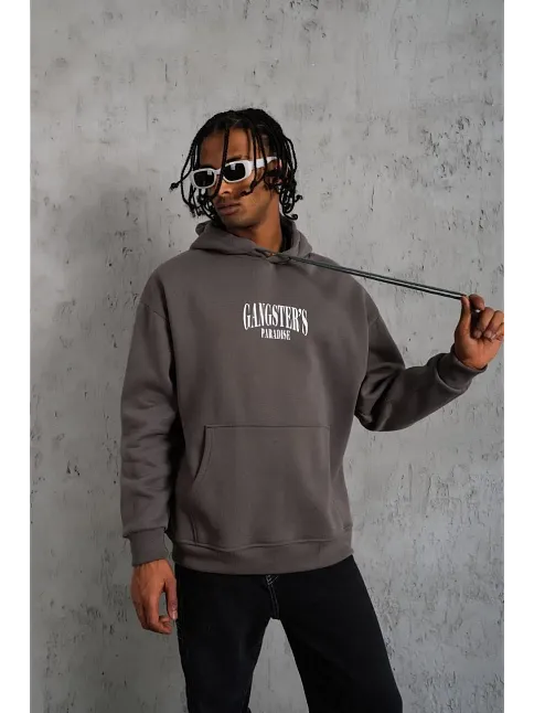 Erkek Paradise Baskılı Kapüşonlu Sweat - Gri