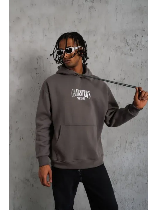Erkek Paradise Baskılı Kapüşonlu Sweat - Gri