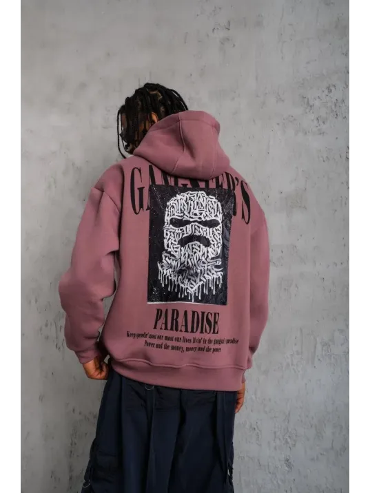 Erkek Paradise Baskılı Kapüşonlu Sweat - Gül Kurusu