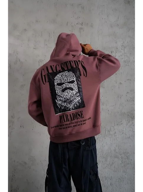 Erkek Paradise Baskılı Kapüşonlu Sweat - Gül Kurusu