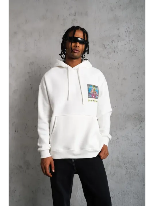 Erkek Patel Six Baskılı Kapüşonlu Sweat - Beyaz