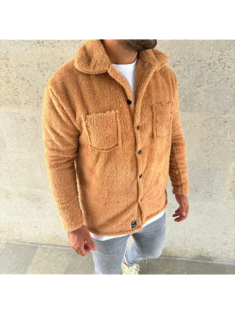 Erkek Pelüş Polar Hırka Gömlek – Yakalı, İlik Düğmeli, Göğüs Cepli, Yumuşak Dokulu Kışlık Regular Fit Rahat Günlük Model - Açık Kahve