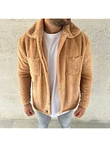 Erkek Pelüş Polar Hırka Gömlek – Yakalı, İlik Düğmeli, Göğüs Cepli, Yumuşak Dokulu Kışlık Regular Fit Rahat Günlük Model - Açık Kahve