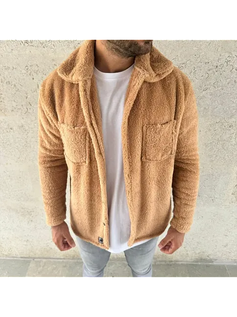 Erkek Pelüş Polar Hırka Gömlek – Yakalı, İlik Düğmeli, Göğüs Cepli, Yumuşak Dokulu Kışlık Regular Fit Rahat Günlük Model - Açık Kahve