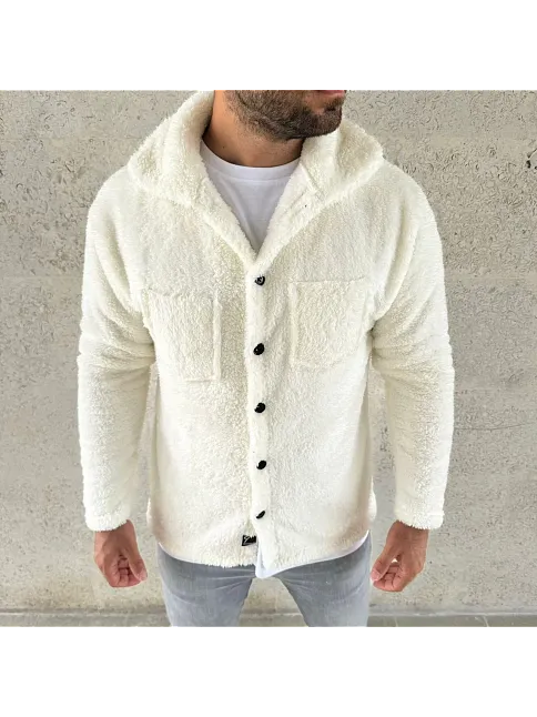 Erkek Pelüş Polar Hırka Gömlek – Yakalı, İlik Düğmeli, Göğüs Cepli, Yumuşak Dokulu Kışlık Regular Fit Rahat Günlük Model - Beyaz