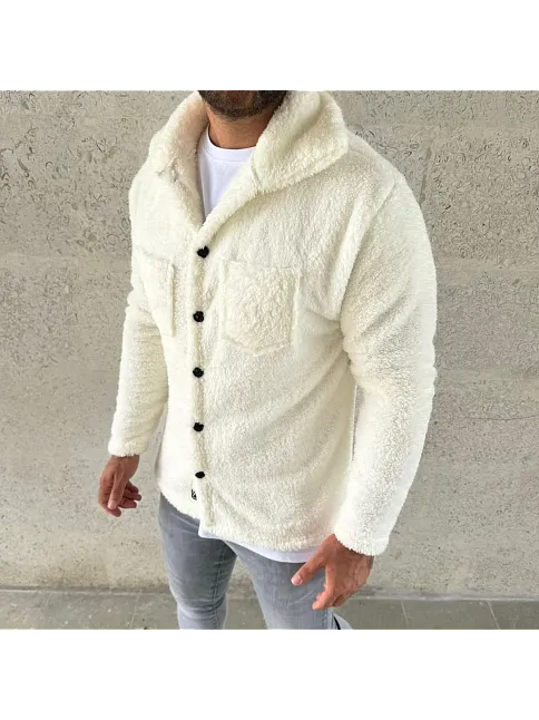 Erkek Pelüş Polar Hırka Gömlek – Yakalı, İlik Düğmeli, Göğüs Cepli, Yumuşak Dokulu Kışlık Regular Fit Rahat Günlük Model - Beyaz