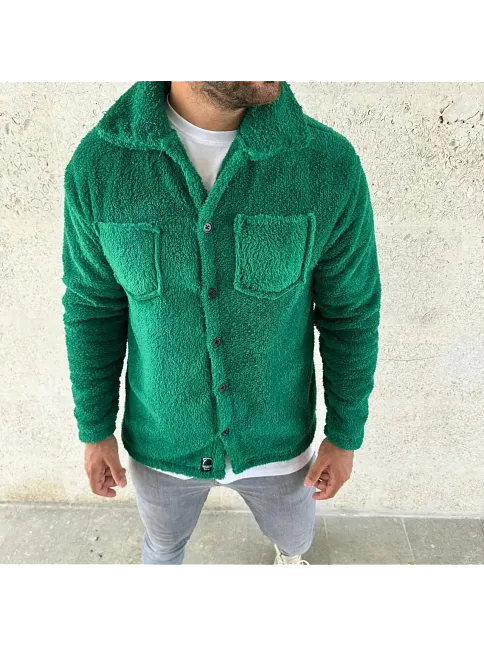 Erkek Pelüş Polar Hırka Gömlek – Yakalı, İlik Düğmeli, Göğüs Cepli, Yumuşak Dokulu Kışlık Regular Fit Rahat Günlük Model - Çimen Yeşili