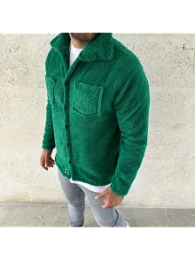 Erkek Pelüş Polar Hırka Gömlek – Yakalı, İlik Düğmeli, Göğüs Cepli, Yumuşak Dokulu Kışlık Regular Fit Rahat Günlük Model - Çimen Yeşili