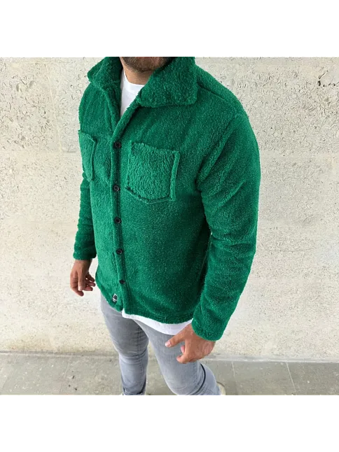 Erkek Pelüş Polar Hırka Gömlek – Yakalı, İlik Düğmeli, Göğüs Cepli, Yumuşak Dokulu Kışlık Regular Fit Rahat Günlük Model - Çimen Yeşili