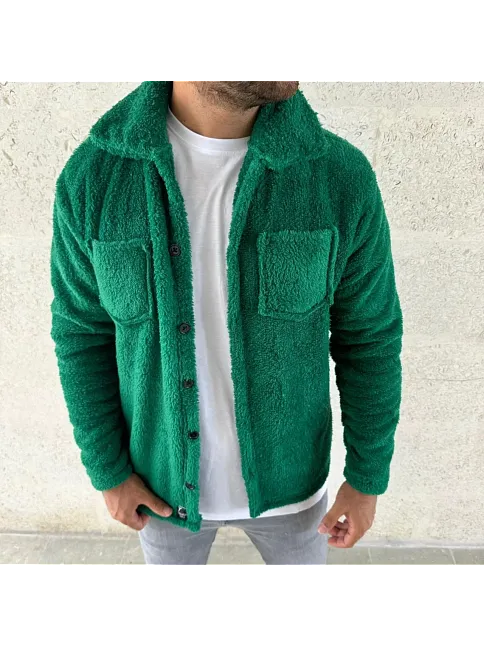 Erkek Pelüş Polar Hırka Gömlek – Yakalı, İlik Düğmeli, Göğüs Cepli, Yumuşak Dokulu Kışlık Regular Fit Rahat Günlük Model - Çimen Yeşili