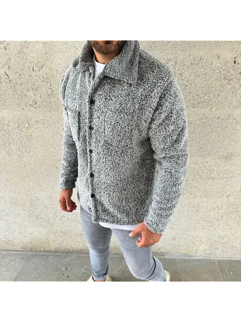 Erkek Pelüş Polar Hırka Gömlek – Yakalı, İlik Düğmeli, Göğüs Cepli, Yumuşak Dokulu Kışlık Regular Fit Rahat Günlük Model - Gri