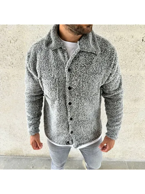 Erkek Pelüş Polar Hırka Gömlek – Yakalı, İlik Düğmeli, Göğüs Cepli, Yumuşak Dokulu Kışlık Regular Fit Rahat Günlük Model - Gri