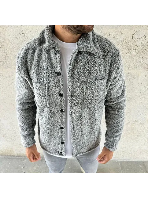 Erkek Pelüş Polar Hırka Gömlek – Yakalı, İlik Düğmeli, Göğüs Cepli, Yumuşak Dokulu Kışlık Regular Fit Rahat Günlük Model - Gri