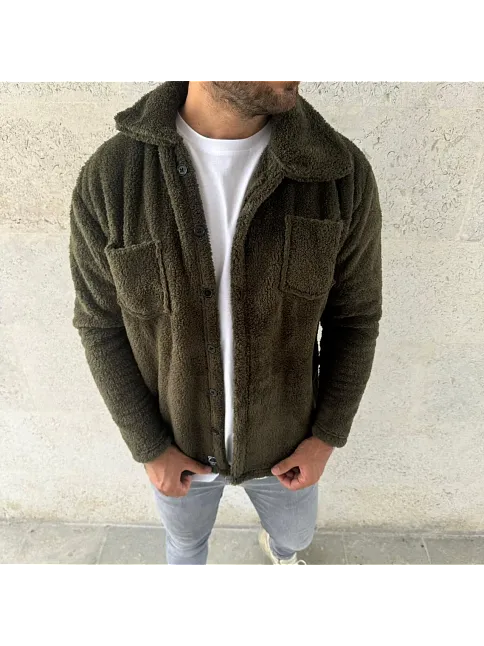 Erkek Pelüş Polar Hırka Gömlek – Yakalı, İlik Düğmeli, Göğüs Cepli, Yumuşak Dokulu Kışlık Regular Fit Rahat Günlük Model - Haki