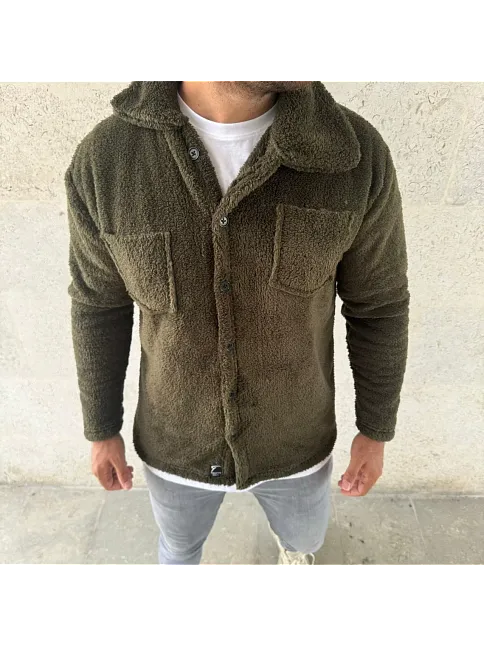 Erkek Pelüş Polar Hırka Gömlek – Yakalı, İlik Düğmeli, Göğüs Cepli, Yumuşak Dokulu Kışlık Regular Fit Rahat Günlük Model - Haki