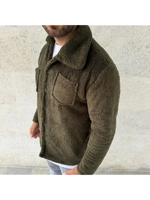 Erkek Pelüş Polar Hırka Gömlek – Yakalı, İlik Düğmeli, Göğüs Cepli, Yumuşak Dokulu Kışlık Regular Fit Rahat Günlük Model - Haki