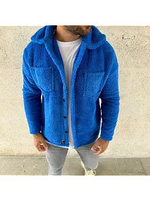 Erkek Pelüş Polar Hırka Gömlek Yakalı İlik Düğmeli Göğüs Cepli Yumuşak - Saks Mavisi