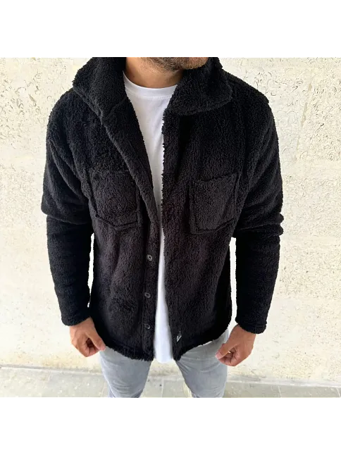 Erkek Pelüş Polar Hırka Gömlek – Yakalı, İlik Düğmeli, Göğüs Cepli, Yumuşak Dokulu Kışlık Regular Fit Rahat Günlük Model - Siyah