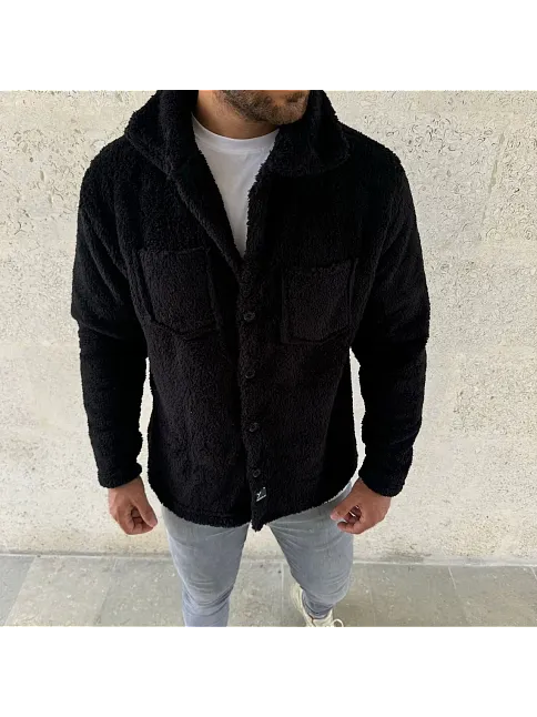 Erkek Pelüş Polar Hırka Gömlek – Yakalı, İlik Düğmeli, Göğüs Cepli, Yumuşak Dokulu Kışlık Regular Fit Rahat Günlük Model - Siyah