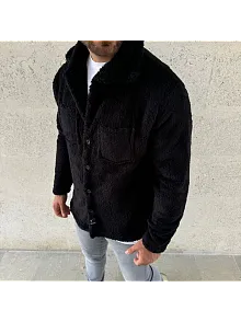 Erkek Pelüş Polar Hırka Gömlek – Yakalı, İlik Düğmeli, Göğüs Cepli, Yumuşak Dokulu Kışlık Regular Fit Rahat Günlük Model - Siyah