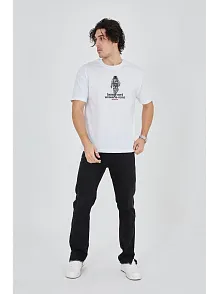 Erkek Baskılı T-shirt Kısa Kol Bisiklet Yaka Regular Fit Rahat Kalıp Günlük Tişört - Beyaz