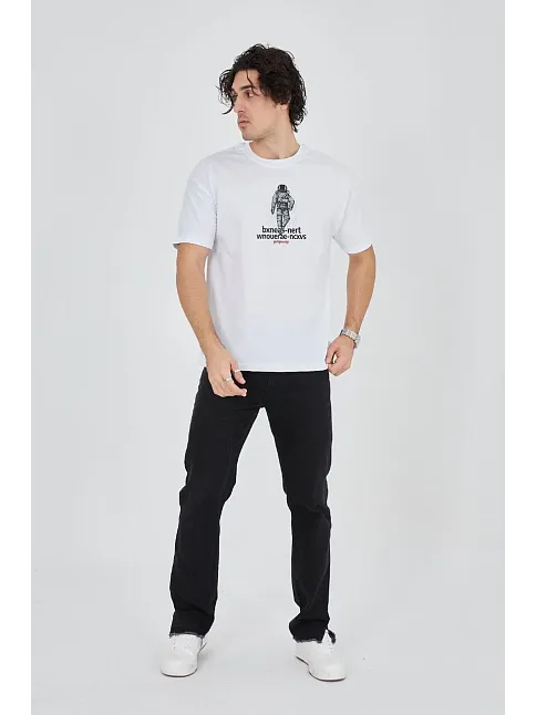 Erkek Baskılı T-shirt Kısa Kol Bisiklet Yaka Regular Fit Rahat Kalıp Günlük Tişört - Beyaz