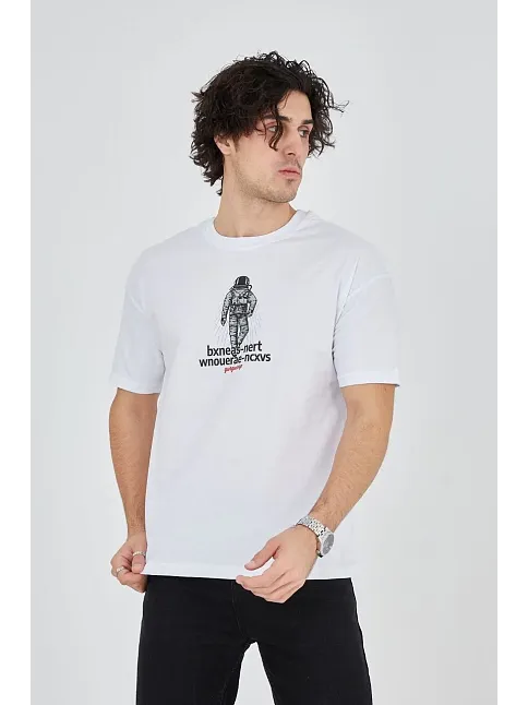 Erkek Baskılı T-shirt Kısa Kol Bisiklet Yaka Regular Fit Rahat Kalıp Günlük Tişört - Beyaz