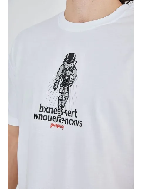 Erkek Baskılı T-shirt Kısa Kol Bisiklet Yaka Regular Fit Rahat Kalıp Günlük Tişört - Beyaz