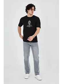 Erkek Baskılı T-shirt Kısa Kol Bisiklet Yaka Regular Fit Rahat Kalıp Günlük Tişört - Siyah