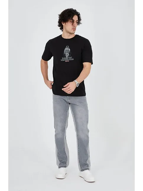 Erkek Baskılı T-shirt Kısa Kol Bisiklet Yaka Regular Fit Rahat Kalıp Günlük Tişört - Siyah