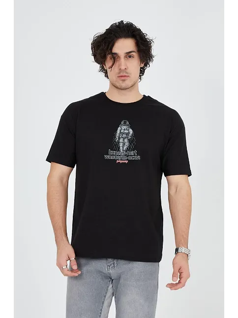 Erkek Baskılı T-shirt Kısa Kol Bisiklet Yaka Regular Fit Rahat Kalıp Günlük Tişört - Siyah