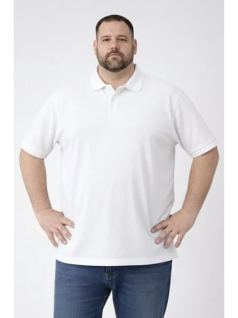 Erkek Pike Kumaş Düğmeli Yaka Battal Büyük Beden Günlük Kısa Kol Tişört T-shirt - Beyaz