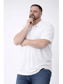 Erkek Pike Kumaş Düğmeli Yaka Battal Büyük Beden Günlük Kısa Kol Tişört T-shirt - Beyaz
