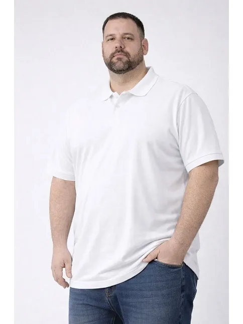 Erkek Pike Kumaş Düğmeli Yaka Battal Büyük Beden Günlük Kısa Kol Tişört T-shirt - Beyaz