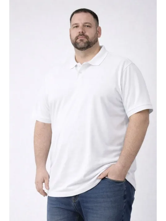 Erkek Pike Kumaş Düğmeli Yaka Battal Büyük Beden Günlük Kısa Kol Tişört T-shirt - Beyaz