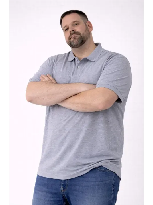 Erkek Pike Kumaş Düğmeli Yaka Battal Büyük Beden Günlük Kısa Kol Tişört T-shirt - Gri