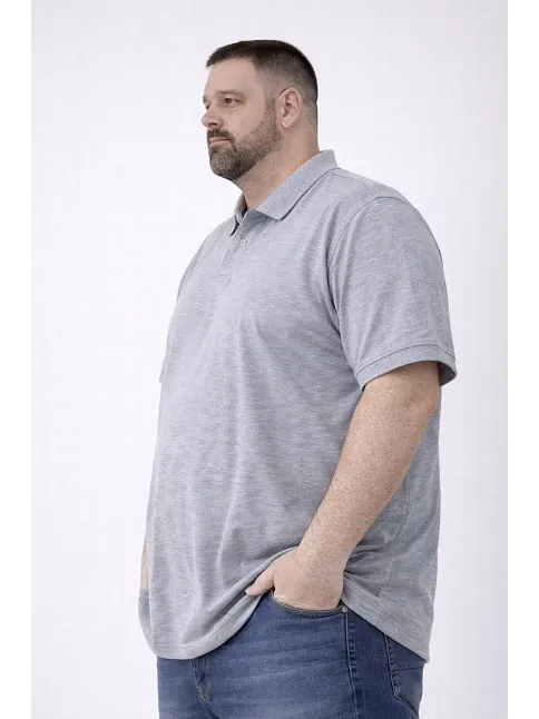 Erkek Pike Kumaş Düğmeli Yaka Battal Büyük Beden Günlük Kısa Kol Tişört T-shirt - Gri
