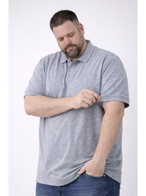 Erkek Pike Kumaş Düğmeli Yaka Battal Büyük Beden Günlük Kısa Kol Tişört T-shirt - Gri