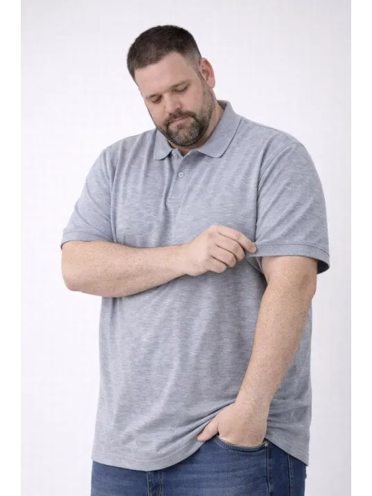 Erkek Pike Kumaş Düğmeli Yaka Battal Büyük Beden Günlük Kısa Kol Tişört T-shirt - Gri