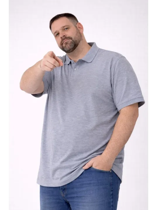 Erkek Pike Kumaş Düğmeli Yaka Battal Büyük Beden Günlük Kısa Kol Tişört T-shirt - Gri