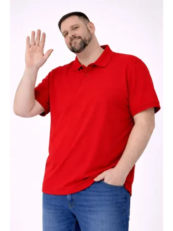 Erkek Pike Kumaş Düğmeli Yaka Battal Büyük Beden Günlük Kısa Kol Tişört T-shirt - Kırmızı