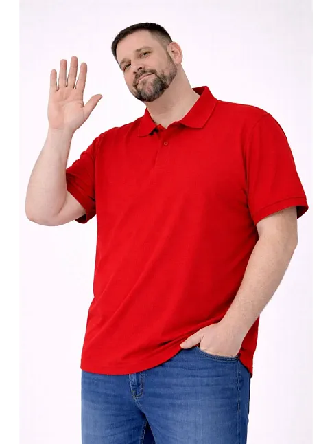 Erkek Pike Kumaş Düğmeli Yaka Battal Büyük Beden Günlük Kısa Kol Tişört T-shirt - Kırmızı