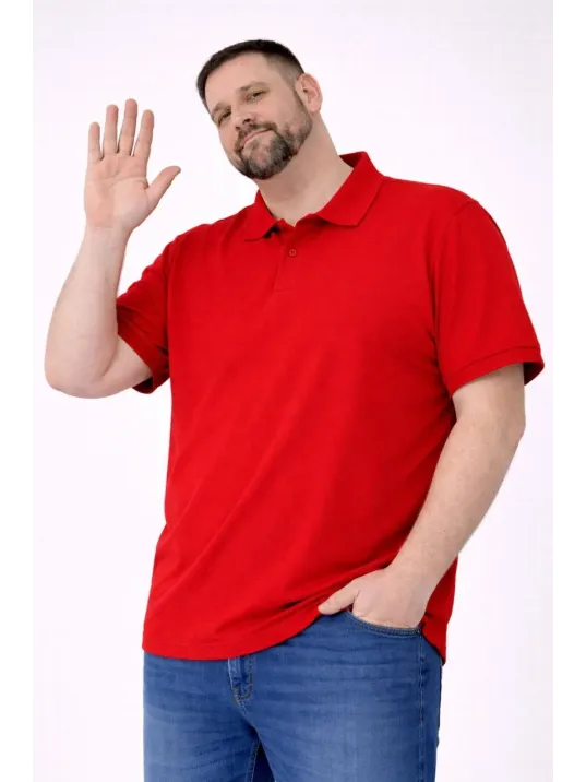 Erkek Pike Kumaş Düğmeli Yaka Battal Büyük Beden Günlük Kısa Kol Tişört T-shirt - Kırmızı