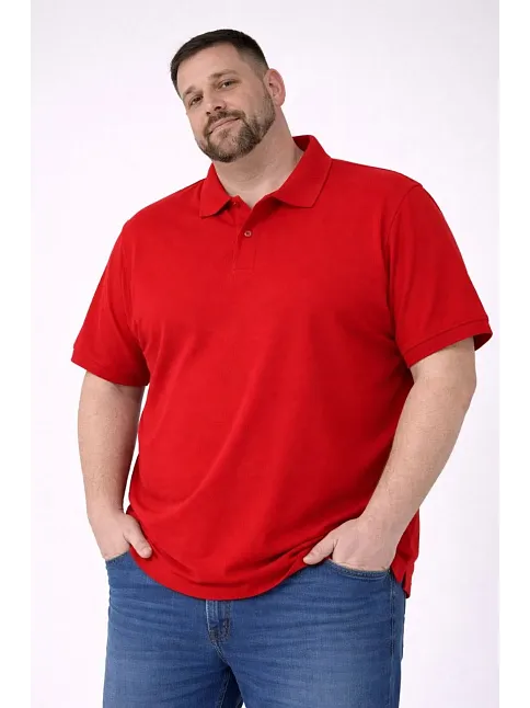 Erkek Pike Kumaş Düğmeli Yaka Battal Büyük Beden Günlük Kısa Kol Tişört T-shirt - Kırmızı
