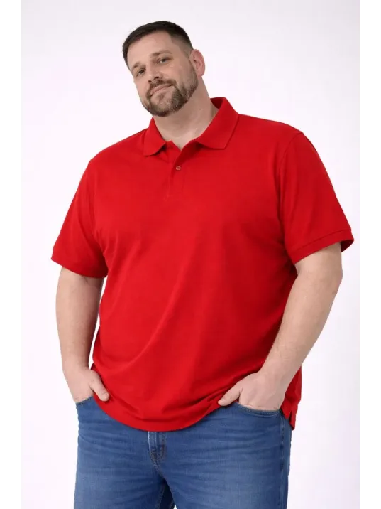 Erkek Pike Kumaş Düğmeli Yaka Battal Büyük Beden Günlük Kısa Kol Tişört T-shirt - Kırmızı