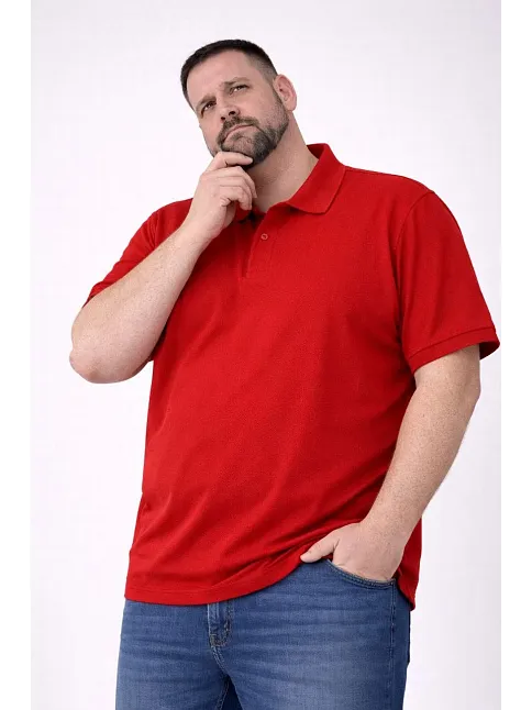 Erkek Pike Kumaş Düğmeli Yaka Battal Büyük Beden Günlük Kısa Kol Tişört T-shirt - Kırmızı