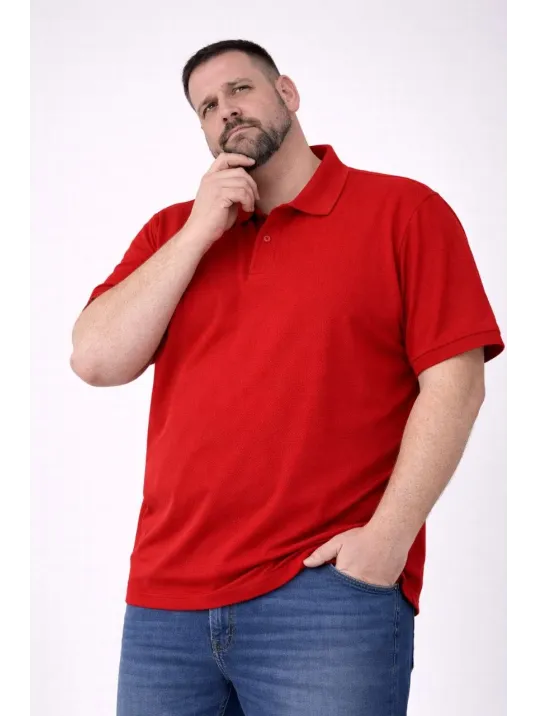 Erkek Pike Kumaş Düğmeli Yaka Battal Büyük Beden Günlük Kısa Kol Tişört T-shirt - Kırmızı